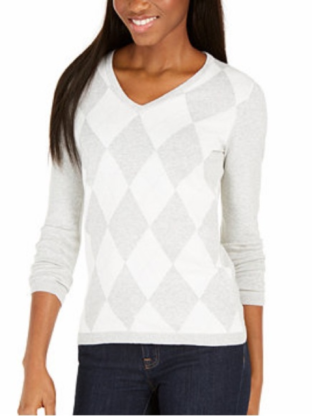 Tommy Hilfiger Light Gray & White Argyle V-Neck Sweater